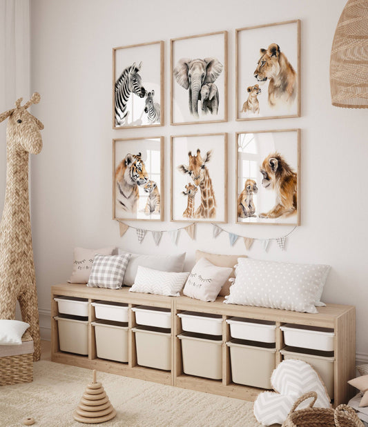 Safari Animal Nursery Prints | Set of 6 | Jungle Theme Wall Art for Gender-Neutral Kids' Room - RoseRowanDesign