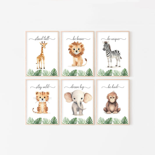 Safari Animal Nursery Prints | Set of 6 | Jungle Wall Art for Baby's Room - RoseRowanDesign
