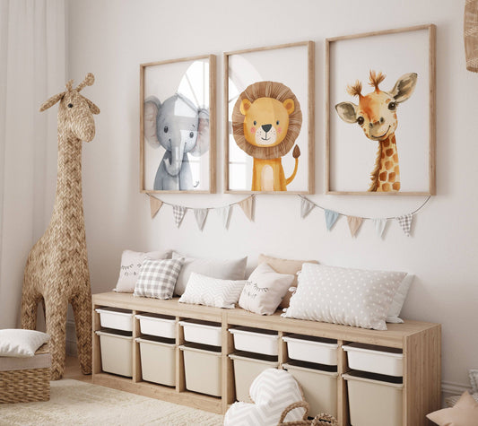 Safari Animal Nursery Wall Art | Set of 3 | Gender Neutral Jungle Playroom Decor - RoseRowanDesign