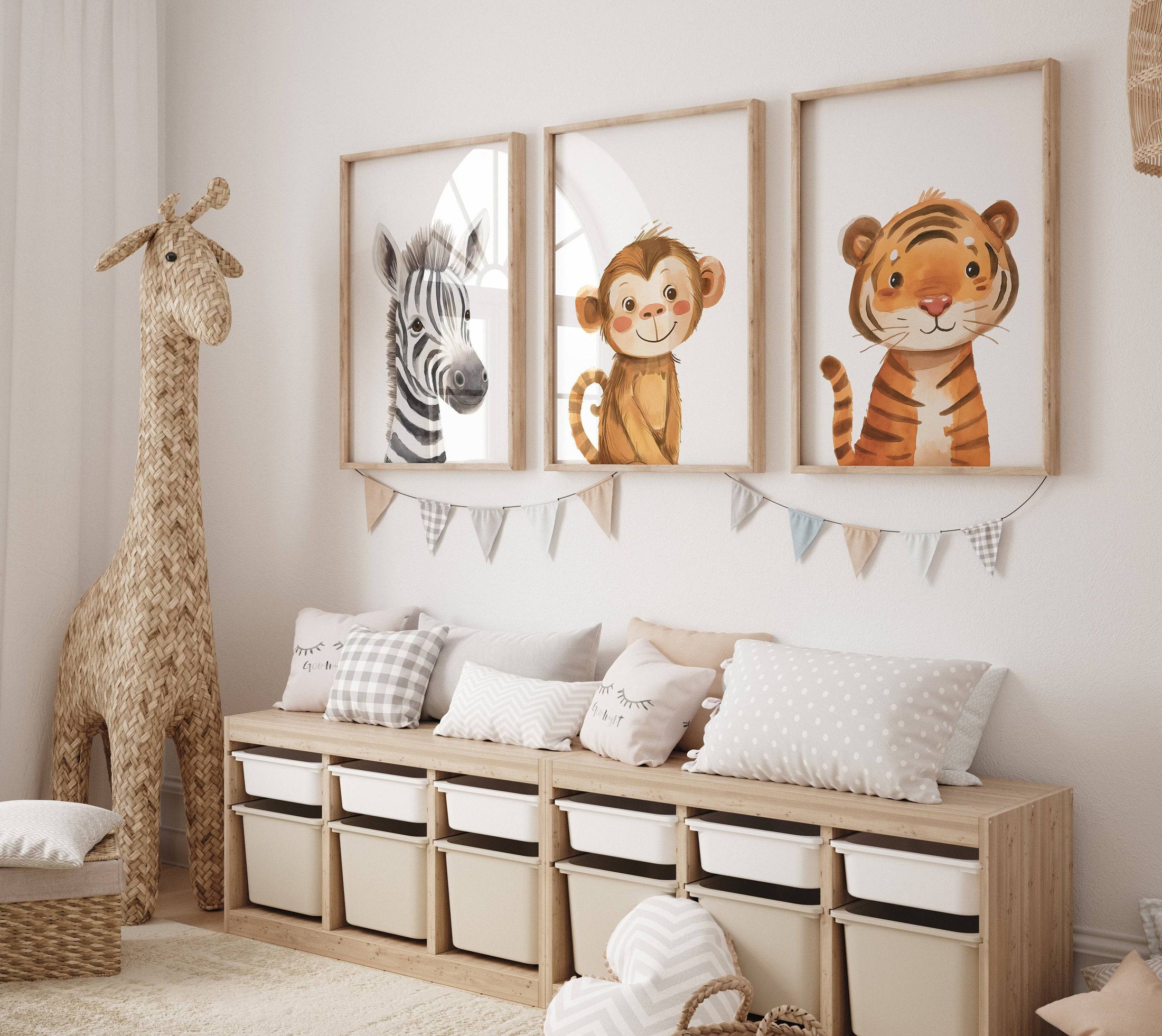 Safari Animal Nursery Wall Art | Set of 3 | Gender Neutral Jungle Playroom Decor - RoseRowanDesign