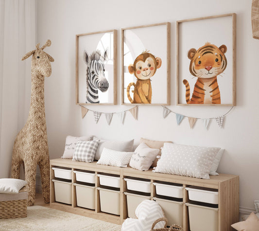 Safari Animal Nursery Wall Art | Set of 3 | Gender Neutral Jungle Playroom Decor - RoseRowanDesign