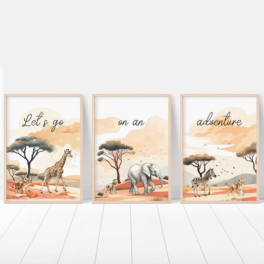 Safari Animal Nursery Wall Prints, Set of 3 Safari Animals For Babies Bedroom, Gender Neutral Nursery Decor, Lets Go On An Adventure - RoseRowanDesign