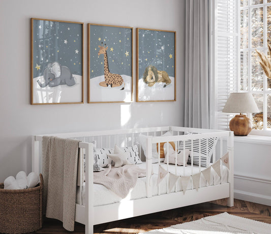 Safari Animal Nursery Wall Prints | Set of 3 | Sleeping Animals & Starry Night Decor for Babies' Room - RoseRowanDesign
