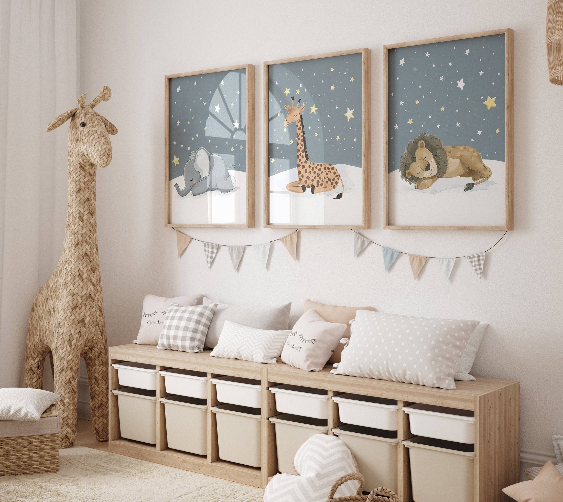 Safari Animal Nursery Wall Prints | Set of 3 | Sleeping Animals & Starry Night Decor for Babies' Room - RoseRowanDesign