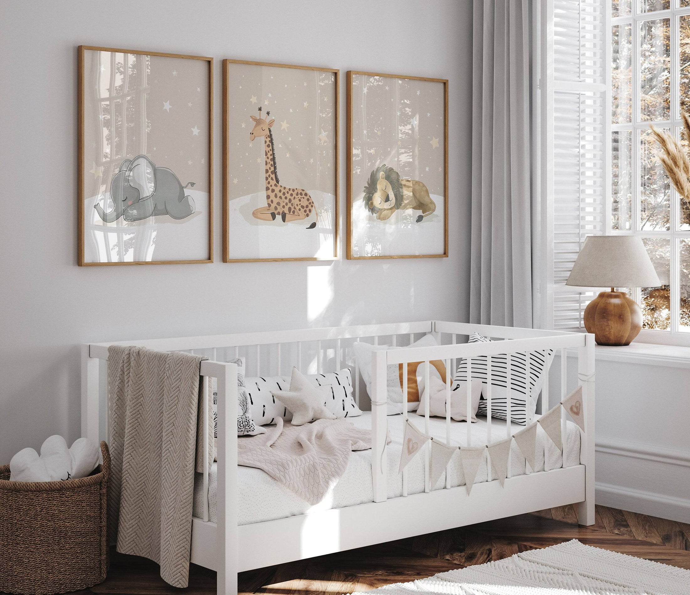 Safari Animal Nursery Wall Prints | Set of 3 | Sleeping Animals & Stars for Gender-Neutral Baby Room - RoseRowanDesign