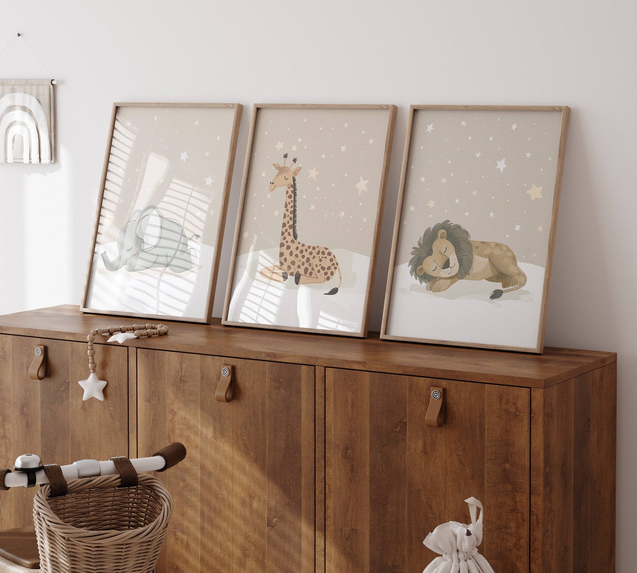 Safari Animal Nursery Wall Prints | Set of 3 | Sleeping Animals & Stars for Gender-Neutral Baby Room - RoseRowanDesign