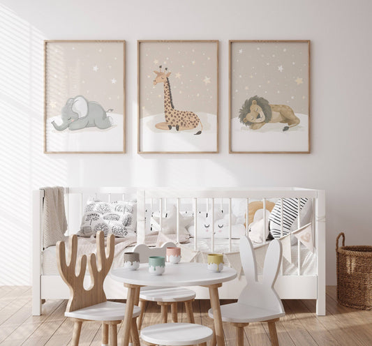 Safari Animal Nursery Wall Prints | Set of 3 | Sleeping Animals & Stars for Gender-Neutral Baby Room - RoseRowanDesign