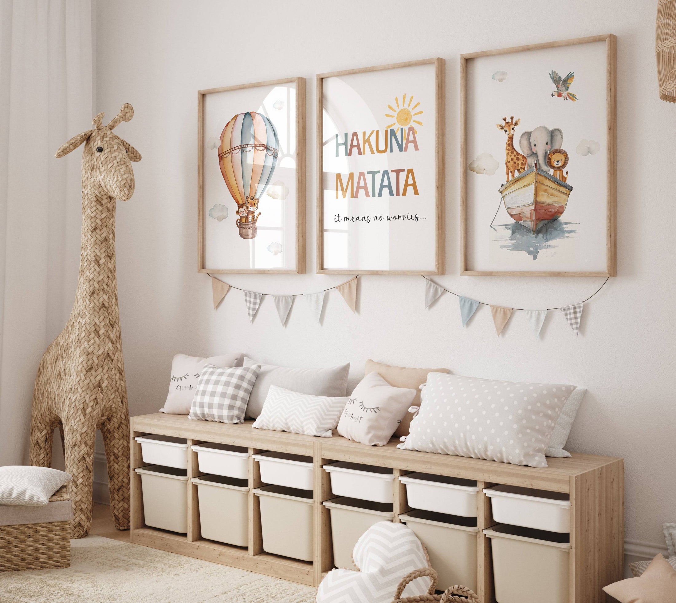 Safari Animal Prints for Nursery - Gender Neutral Decor for Babies Room - Hakuna Matata - Hot Air Balloon, HuAnimal Ark - RoseRowanDesign