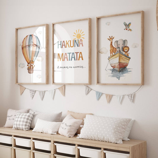 Safari Animal Prints for Nursery - Gender Neutral Decor for Babies Room - Hakuna Matata - Hot Air Balloon, HuAnimal Ark - RoseRowanDesign