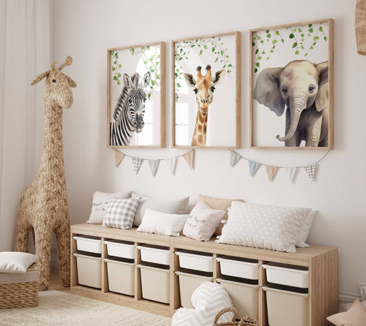 Safari Animal Prints for Nursery | Set of 3 | Jungle Theme Wall Art for Baby Room - RoseRowanDesign