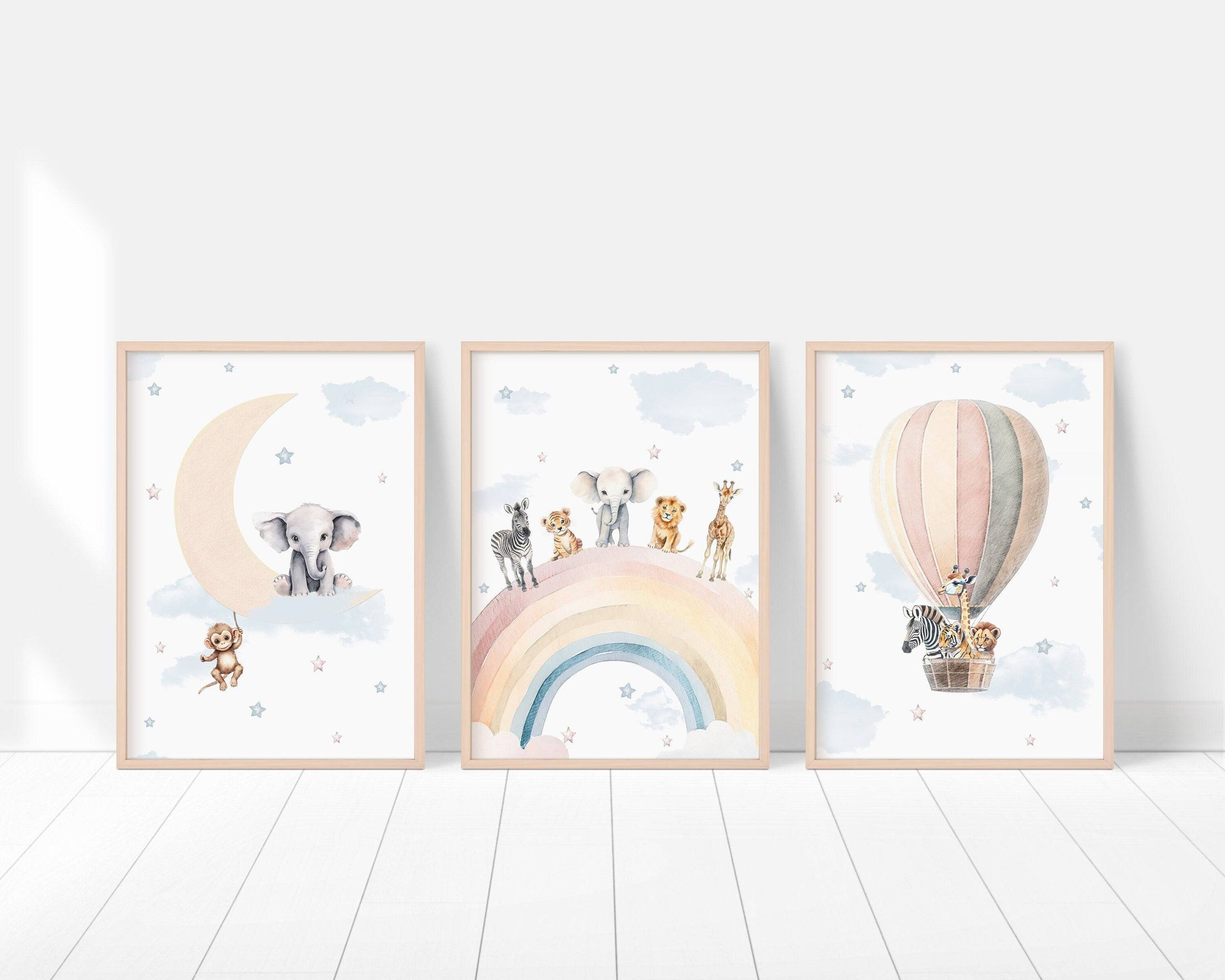 Safari Animal Prints for Nursery | Set of 3 | Rainbow Wall Art for Baby Boy's Room - RoseRowanDesign
