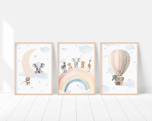 Safari Animal Prints for Nursery | Set of 3 | Rainbow Wall Art for Baby Boy's Room - RoseRowanDesign