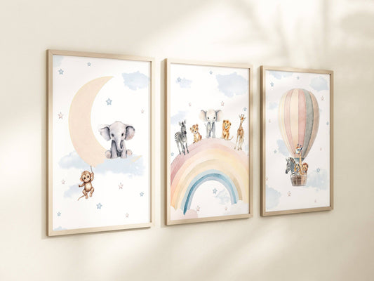 Safari Animal Prints for Nursery | Set of 3 | Rainbow Wall Art for Baby Boy's Room - RoseRowanDesign