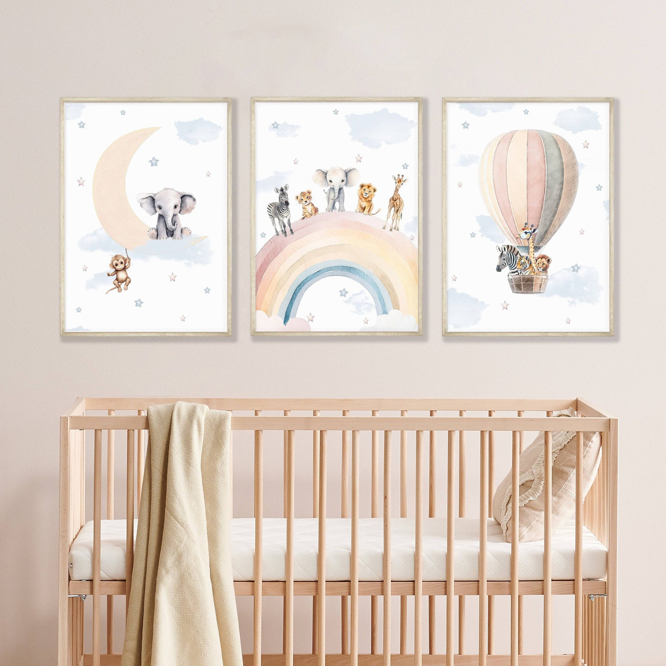 Safari Animal Prints for Nursery | Set of 3 | Rainbow Wall Art for Baby Boy's Room - RoseRowanDesign