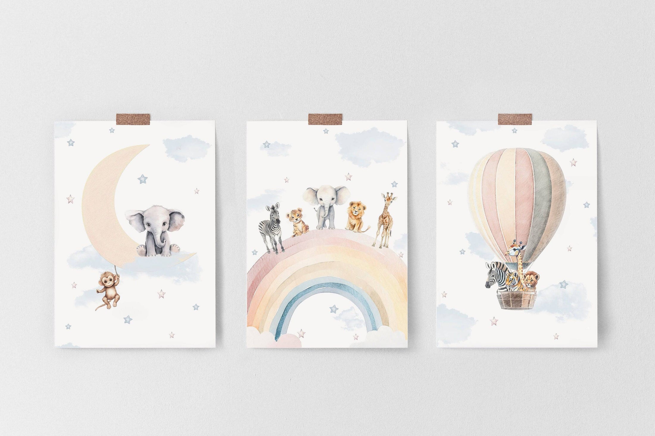 Safari Animal Prints for Nursery | Set of 3 | Rainbow Wall Art for Baby Boy's Room - RoseRowanDesign
