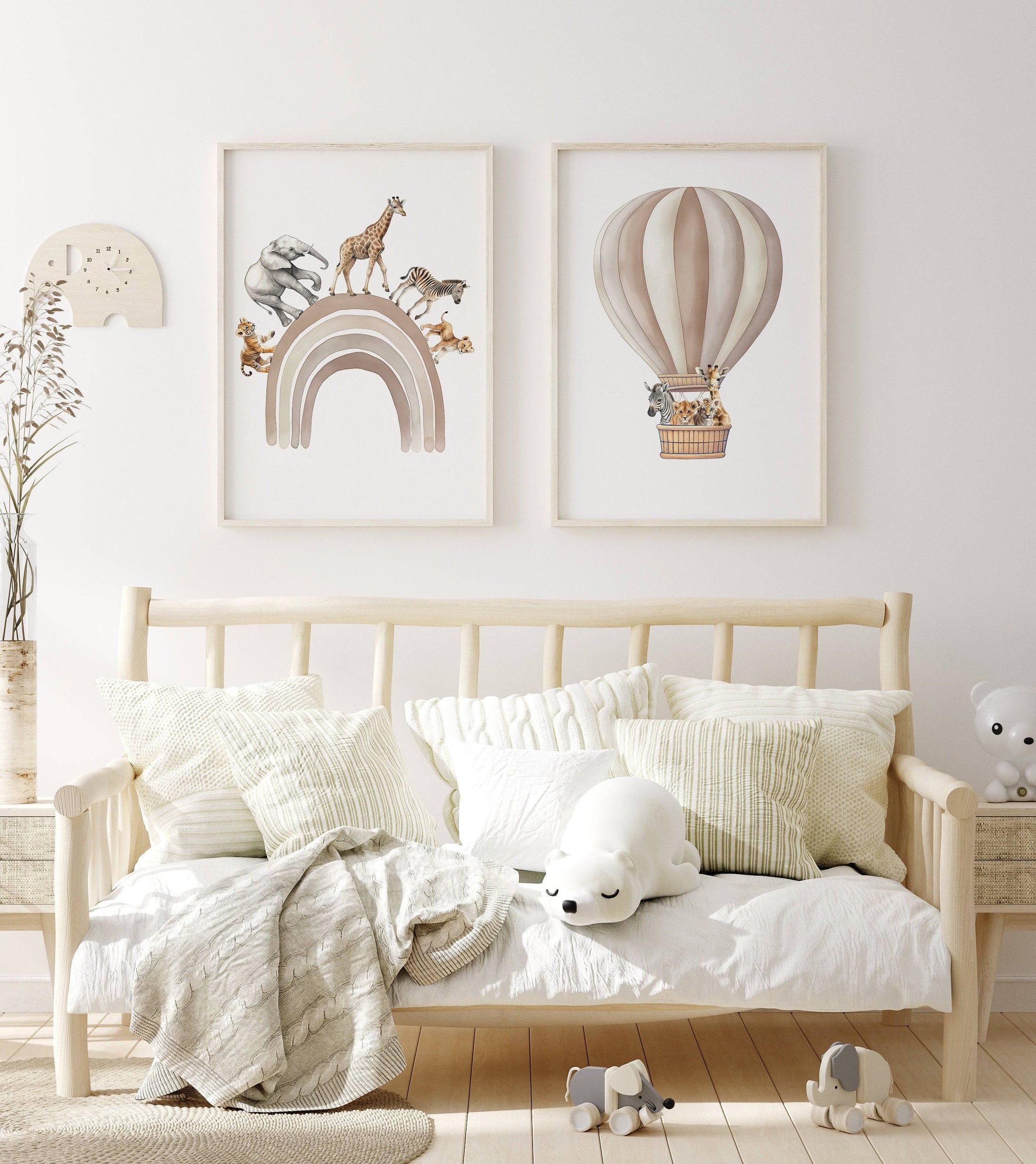 Safari Animal Prints | Set of 2 Balloon Wall Art | Beige Rainbow Nursery Decor - RoseRowanDesign