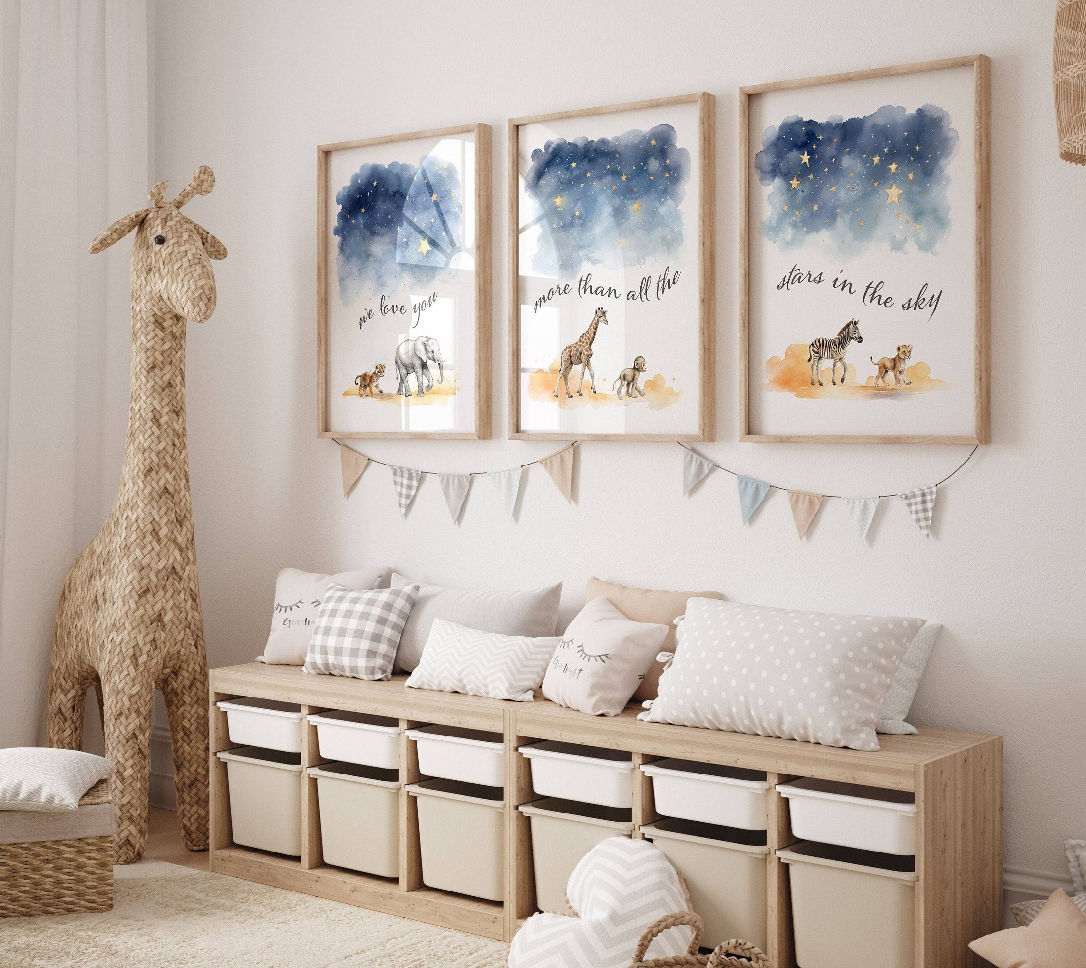Safari Animal Star Nursery Prints | Set of 3 | Gender Neutral Wall Art for Baby's Room - RoseRowanDesign