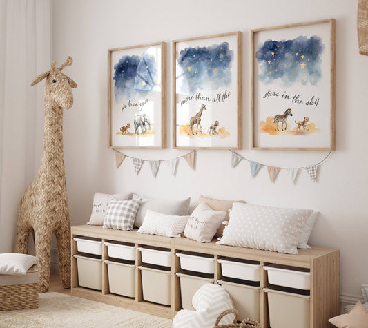 Safari Animal Star Nursery Prints | Set of 3 | Gender Neutral Wall Art for Baby's Room - RoseRowanDesign