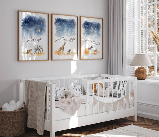 Safari Animal Star Nursery Prints | Set of 3 | Gender Neutral Wall Art for Baby's Room - RoseRowanDesign