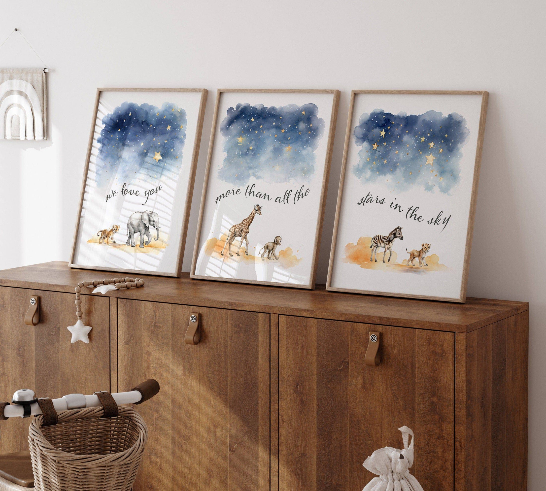 Safari Animal Star Nursery Prints | Set of 3 | Gender Neutral Wall Art for Baby's Room - RoseRowanDesign
