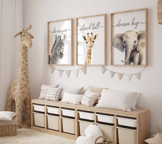 Safari Animal Wall Art Prints | Set of 3 | Quotes for Baby Room - RoseRowanDesign