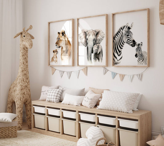 Safari Animal Wall Art Prints | Set of 3 | Nursery Decor Featuring Mum & Baby Designs - RoseRowanDesign