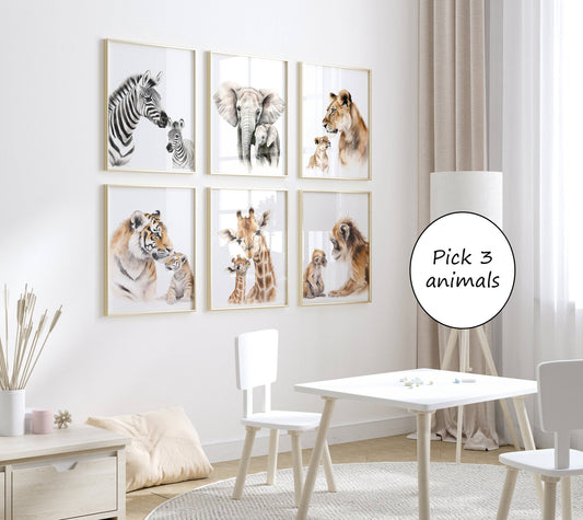Safari Animal Wall Art Prints | Set of 3 | Nursery Decor Featuring Mum & Baby Designs - RoseRowanDesign