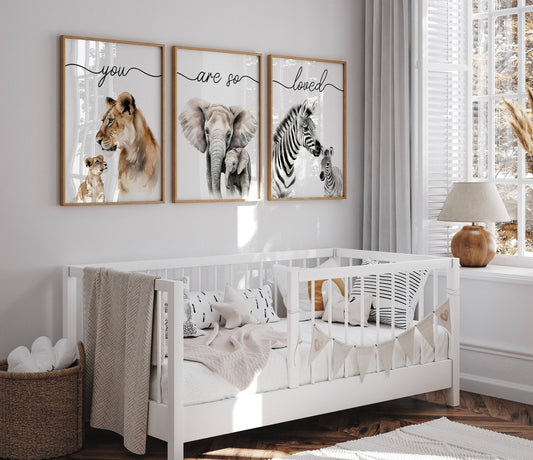 Safari Animal Wall Art Prints | Set of 3 | "You Are So Loved" Nursery Decor - RoseRowanDesign