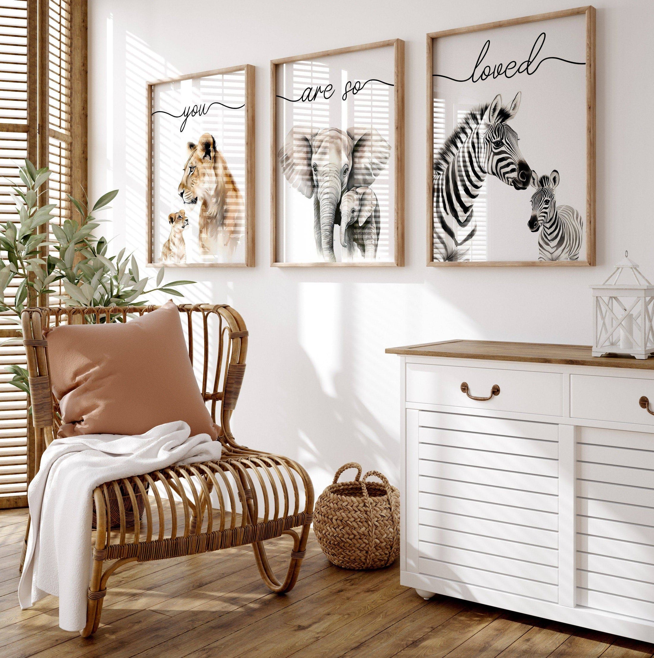 Safari Animal Wall Art Prints | Set of 3 | "You Are So Loved" Nursery Decor - RoseRowanDesign