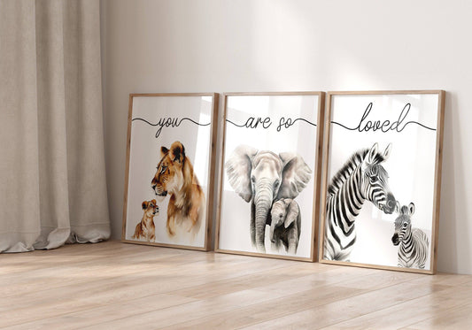 Safari Animal Wall Art Prints | Set of 3 | "You Are So Loved" Nursery Decor - RoseRowanDesign