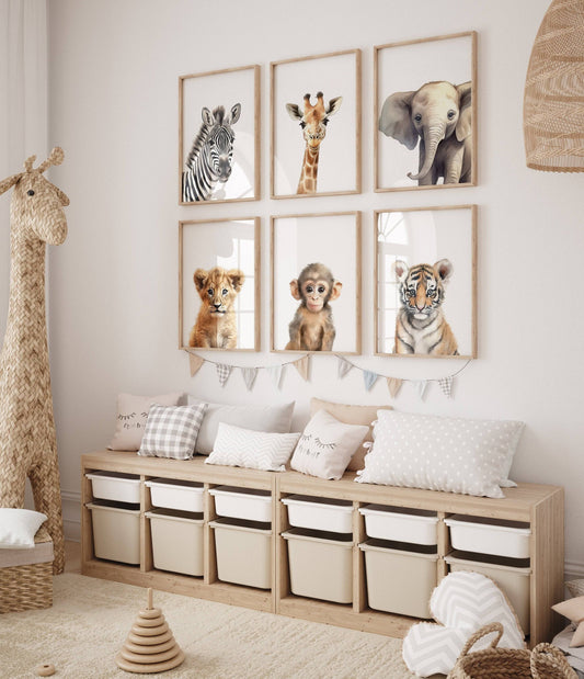 Safari Animal Nursery Prints | Set of 6 | Neutral Wall Art for Baby's Room - RoseRowanDesign
