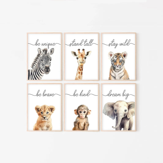Safari Animal Watercolour Nursery Prints | Set of 6 | Neutral Wall Art for Baby's Room - RoseRowanDesign