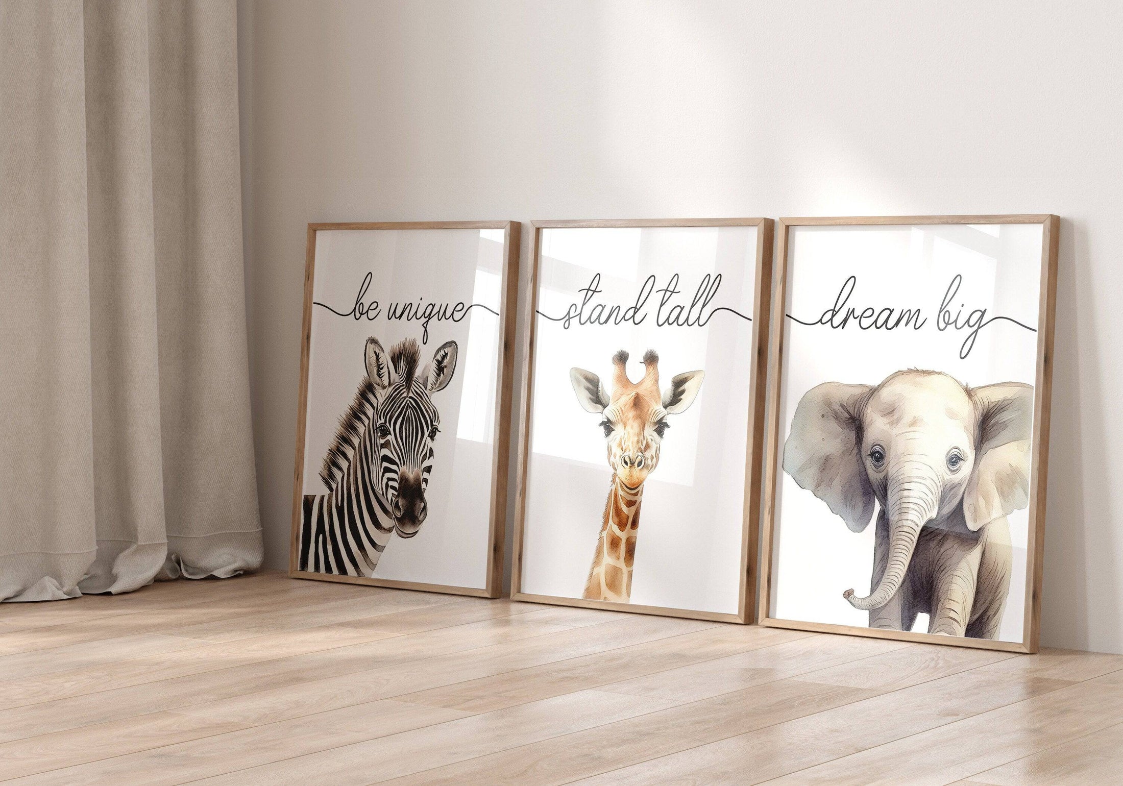 Safari Animal Watercolour Nursery Prints | Set of 6 | Neutral Wall Art for Baby's Room - RoseRowanDesign