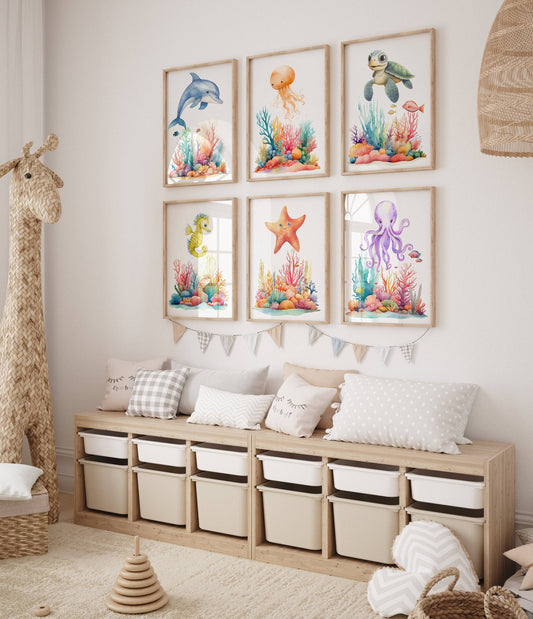Sea Life Nursery Prints | Set of 6 | Ocean-Themed Wall Art for Baby's Room - RoseRowanDesign