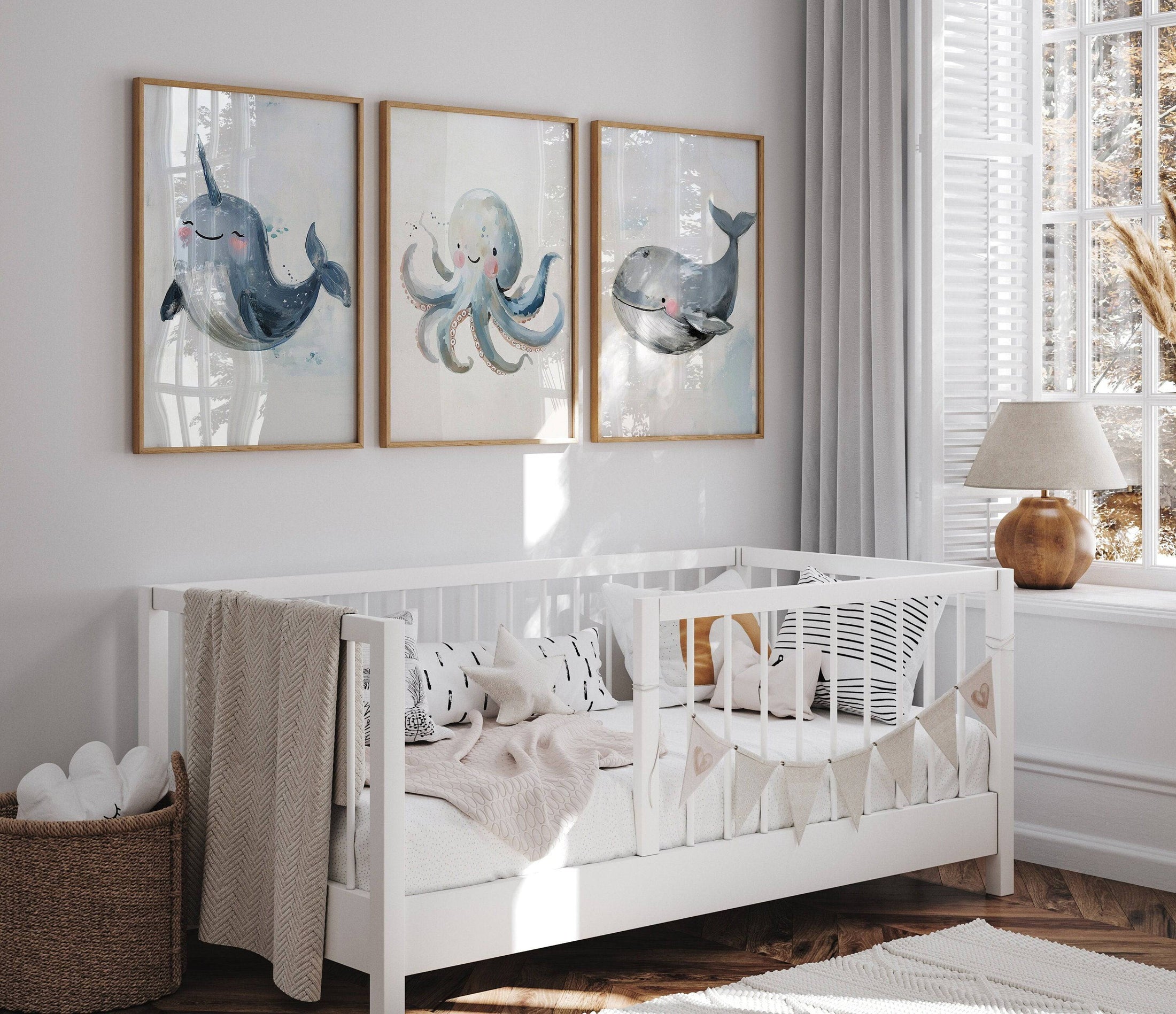 Sea Life Wall Art | Set of 3 | Nautical Ocean Theme for Nursery or Kids' Room - RoseRowanDesign