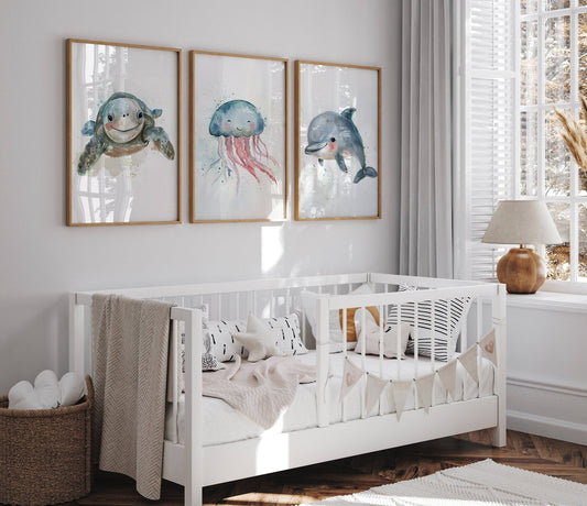 Sea Life Wall Art | Set of 3 | Nautical Ocean Theme for Nursery or Kids' Room - RoseRowanDesign