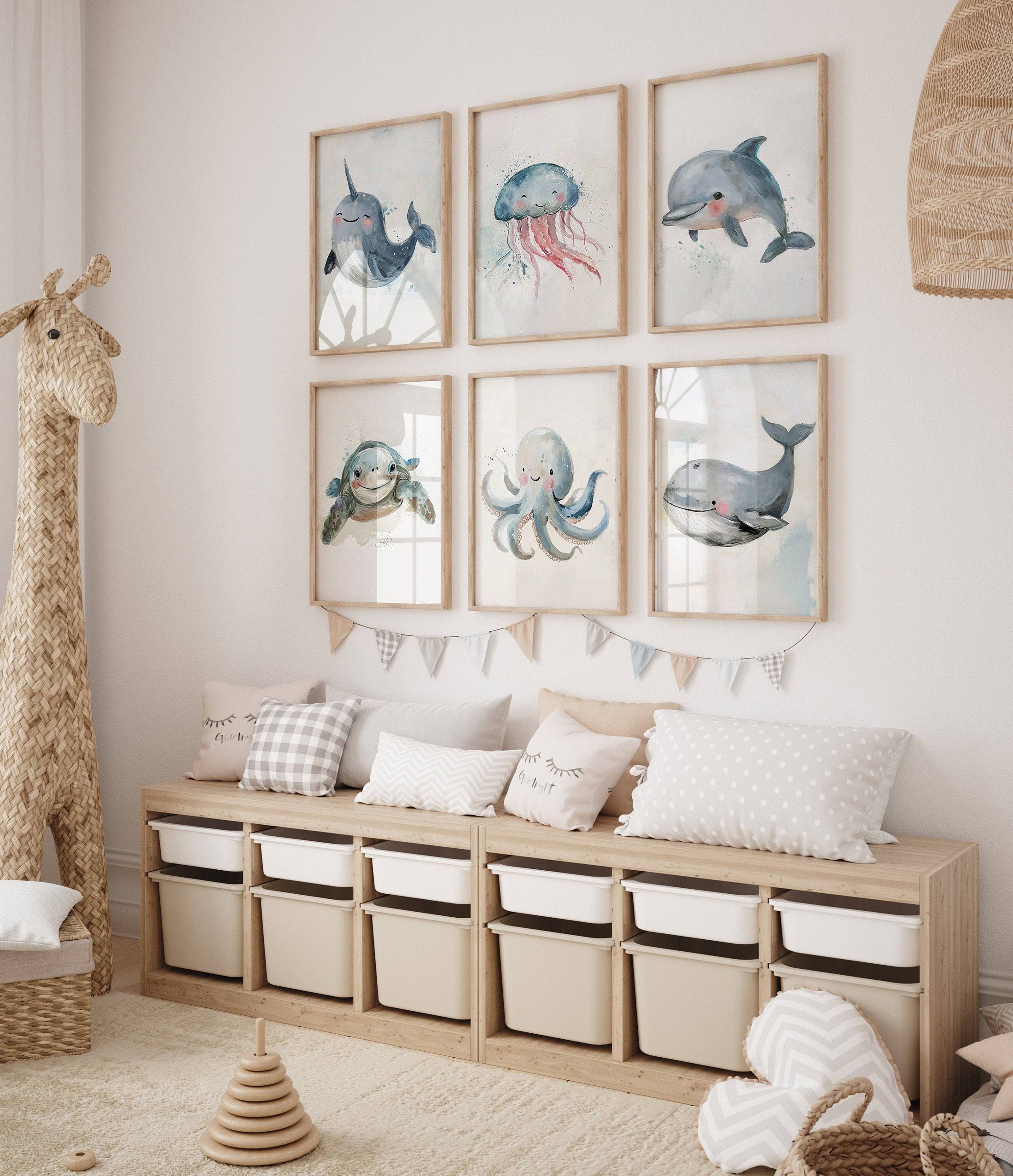 Sea Life Wall Art | Set of 3 | Nautical Ocean Theme for Nursery or Kids' Room - RoseRowanDesign