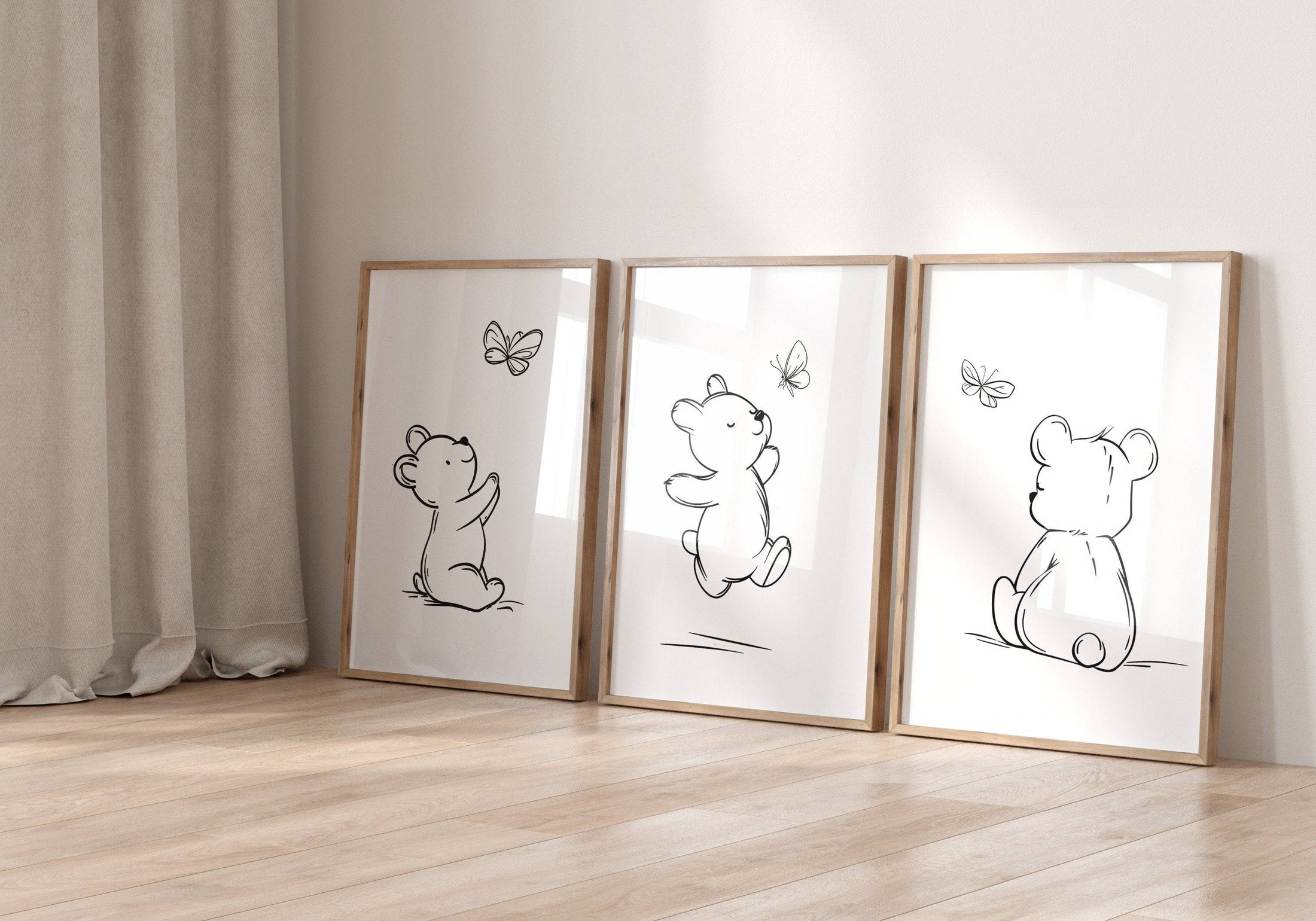 Set of 3 Bear Line Art Prints for Nursery, Teddy Pictures for Babies Bedroom, Black and White Kids Room Decor, Gender Neutral Playroom - RoseRowanDesign