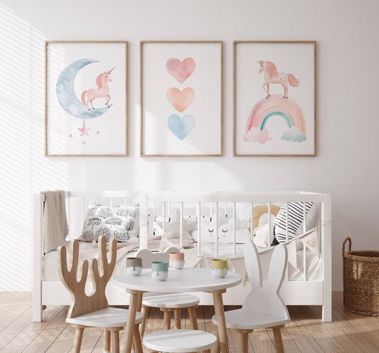Set of 3 Boho Unicorn Nursery Prints | Rainbow and Pastel Hearts Wall Art for Girls' Bedroom Decor - RoseRowanDesign