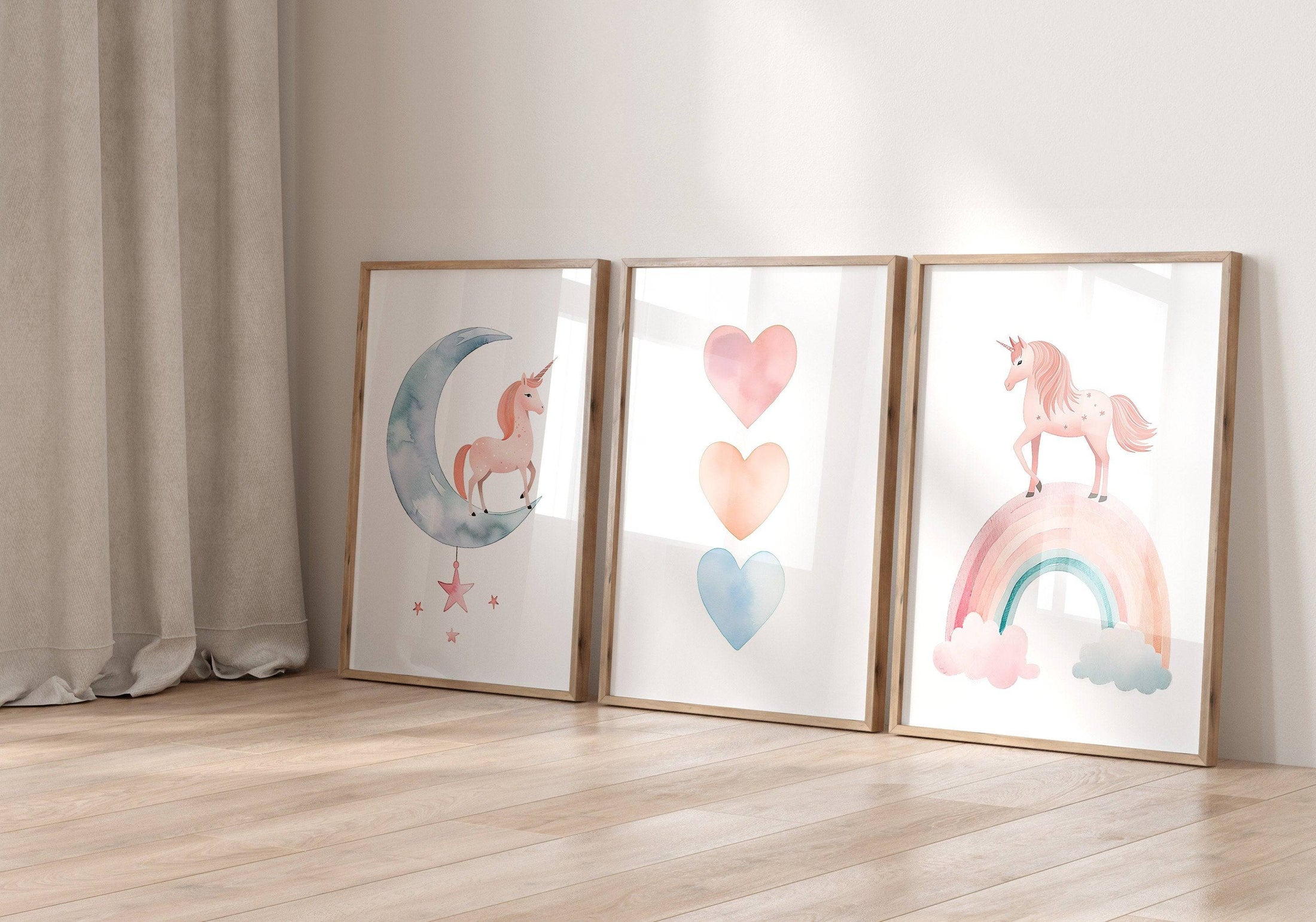 Set of 3 Boho Unicorn Nursery Prints | Rainbow and Pastel Hearts Wall Art for Girls' Bedroom Decor - RoseRowanDesign
