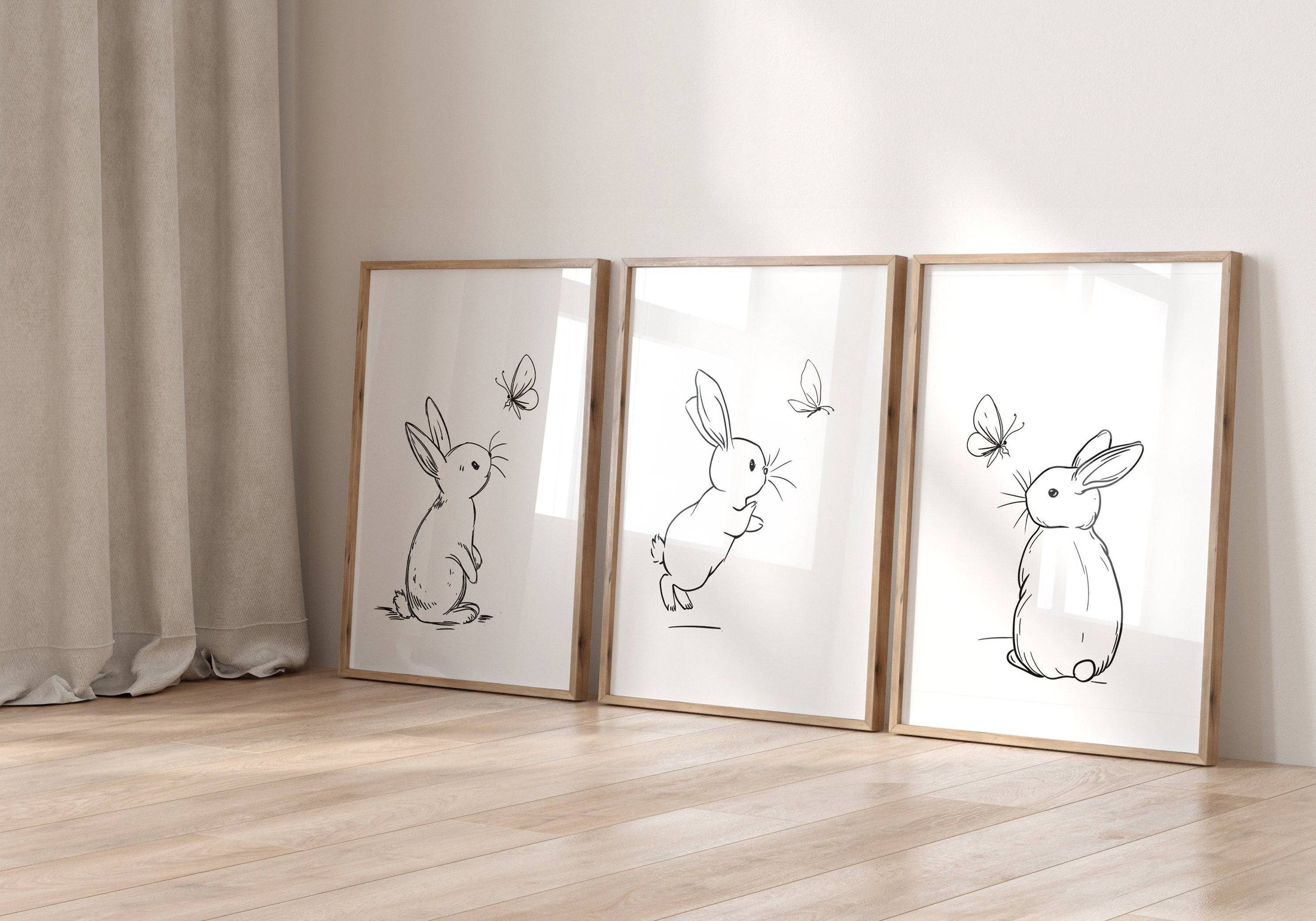 Set of 3 Bunny Line Art Prints for Nursery, Rabbit Pictures for Babies Bedroom, Black and White Kids Room Decor, Gender Neutral Playroom - RoseRowanDesign
