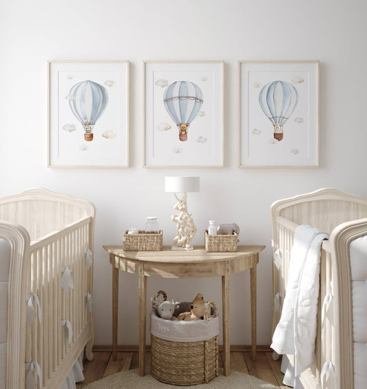 Set of 3 Hot Air Balloon Prints for Nursery | Blue | Bunny, Goose, Bear - RoseRowanDesign