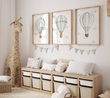 Set of 3 Hot Air Balloon Prints for Nursery | Green | Bunny, Goose, Bear - RoseRowanDesign