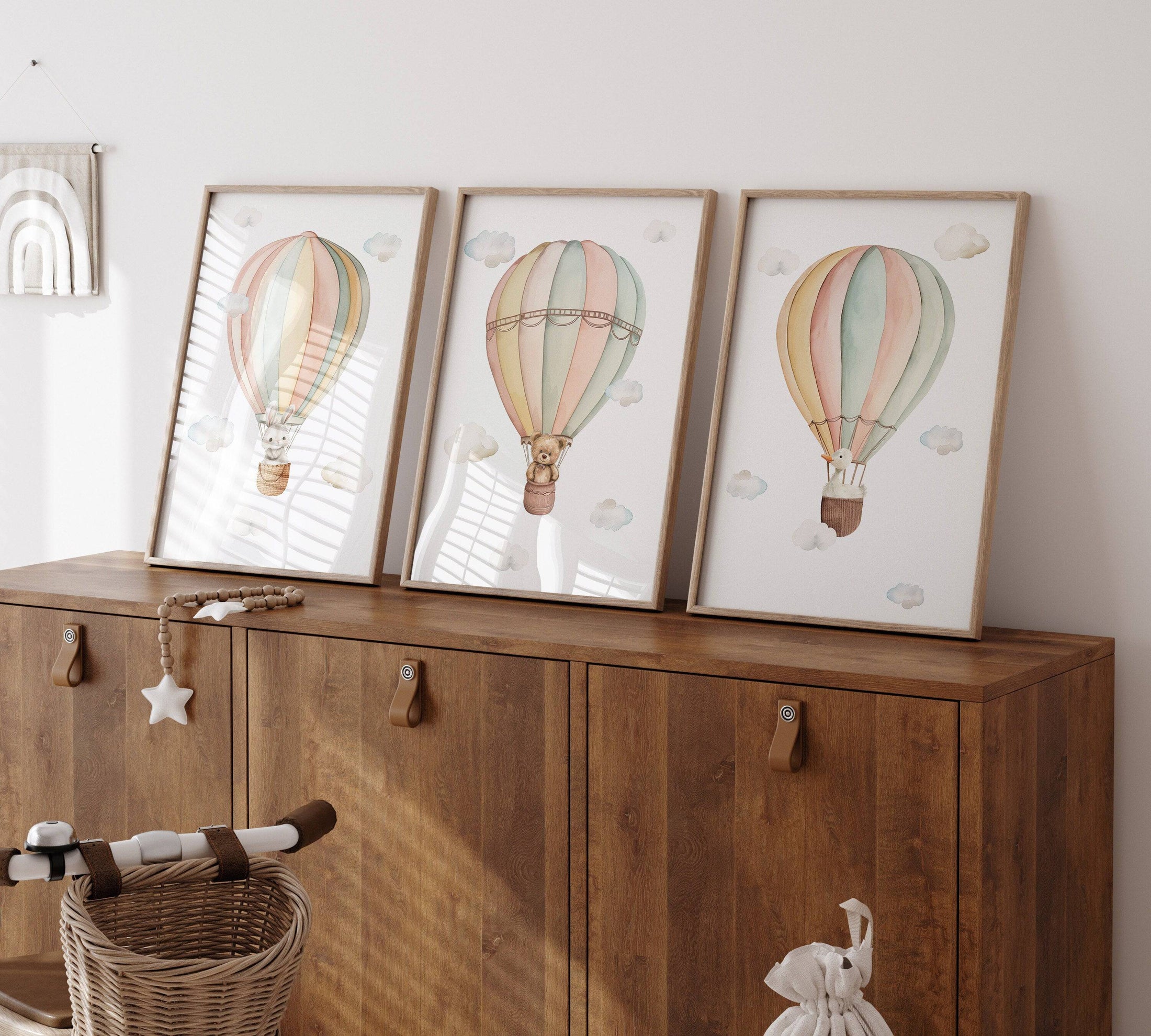 Set of 3 Hot Air Balloon Prints for Nursery | Pastel Colours | Bunny, Goose, Bear - RoseRowanDesign