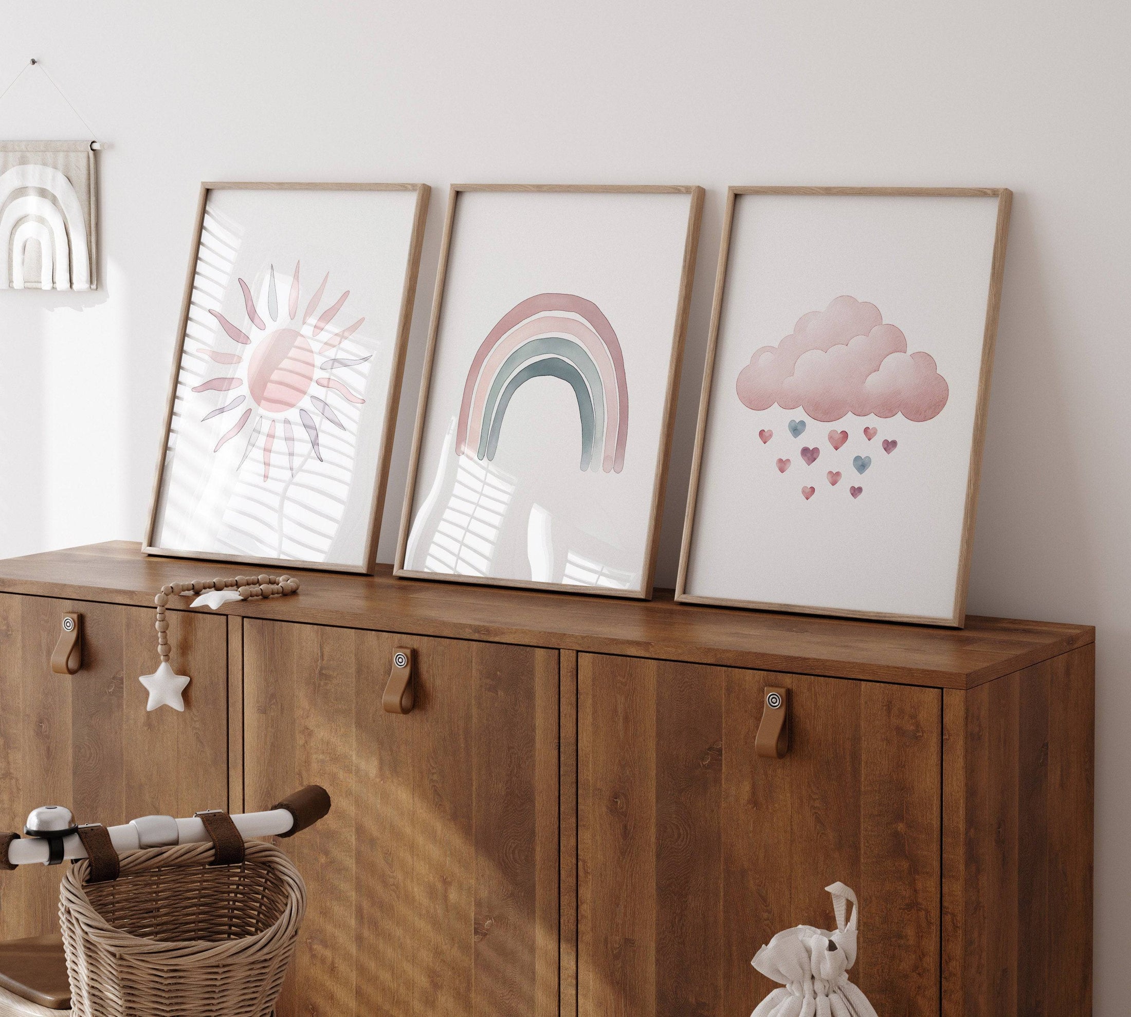 Set of 3 Pink Boho Nursery Prints | Rainbow, Sun & Cloud Wall Art - RoseRowanDesign