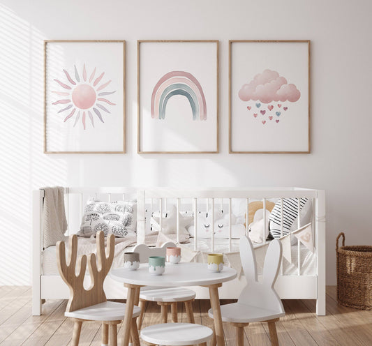 Set of 3 Pink Boho Nursery Prints | Rainbow, Sun & Cloud Wall Art - RoseRowanDesign