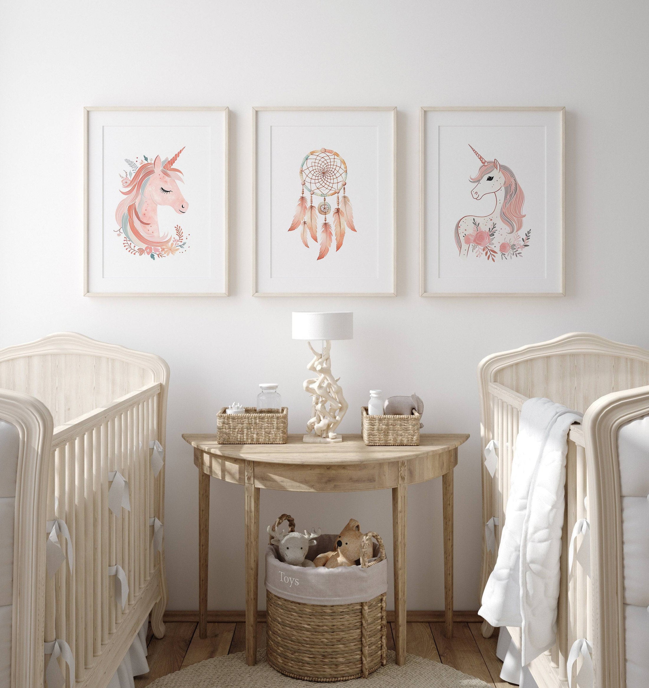 Set of 3 Pink Boho Unicorn Nursery Prints | Dream Catcher Wall Art - RoseRowanDesign
