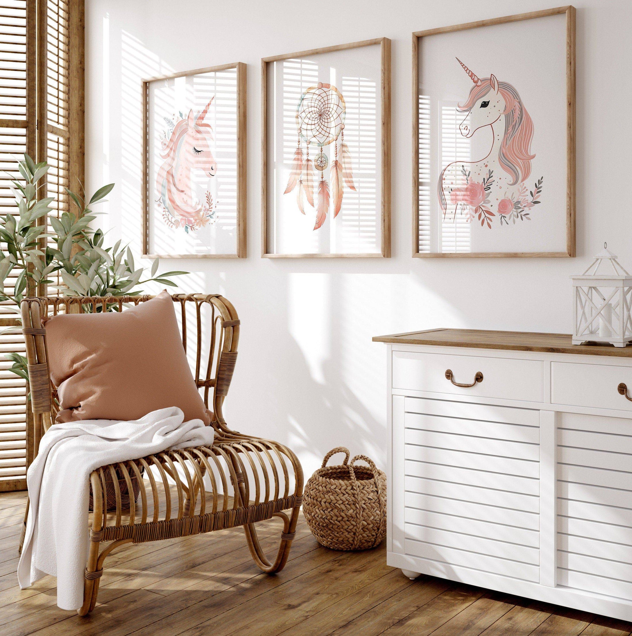 Set of 3 Pink Boho Unicorn Nursery Prints | Dream Catcher Wall Art - RoseRowanDesign