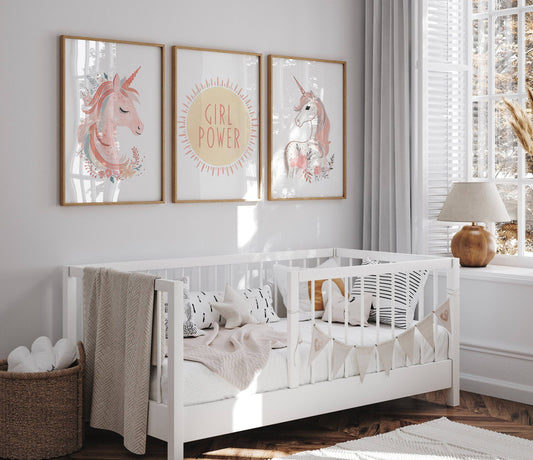 Set of 3 Pink Boho Unicorn Nursery Prints | Girl Power Wall Art | Girls Bedroom Decor - RoseRowanDesign