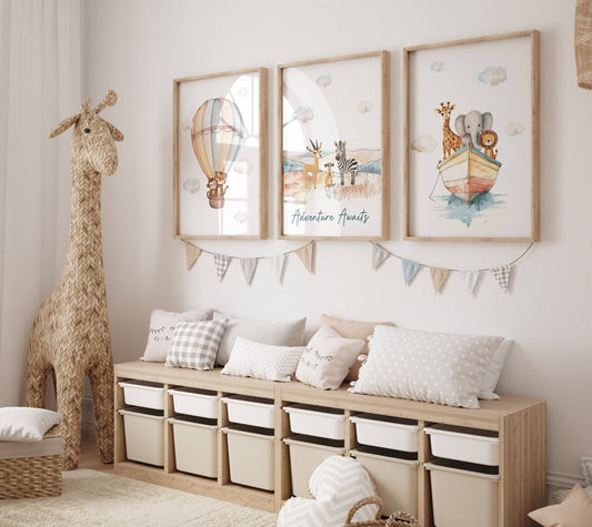 Set of 3 Safari Animal Prints for Nursery, Kids Bedroom or Playroom - Gender Neutral Decor for Babies Room - Hot Air Balloon, Animal Ark - RoseRowanDesign